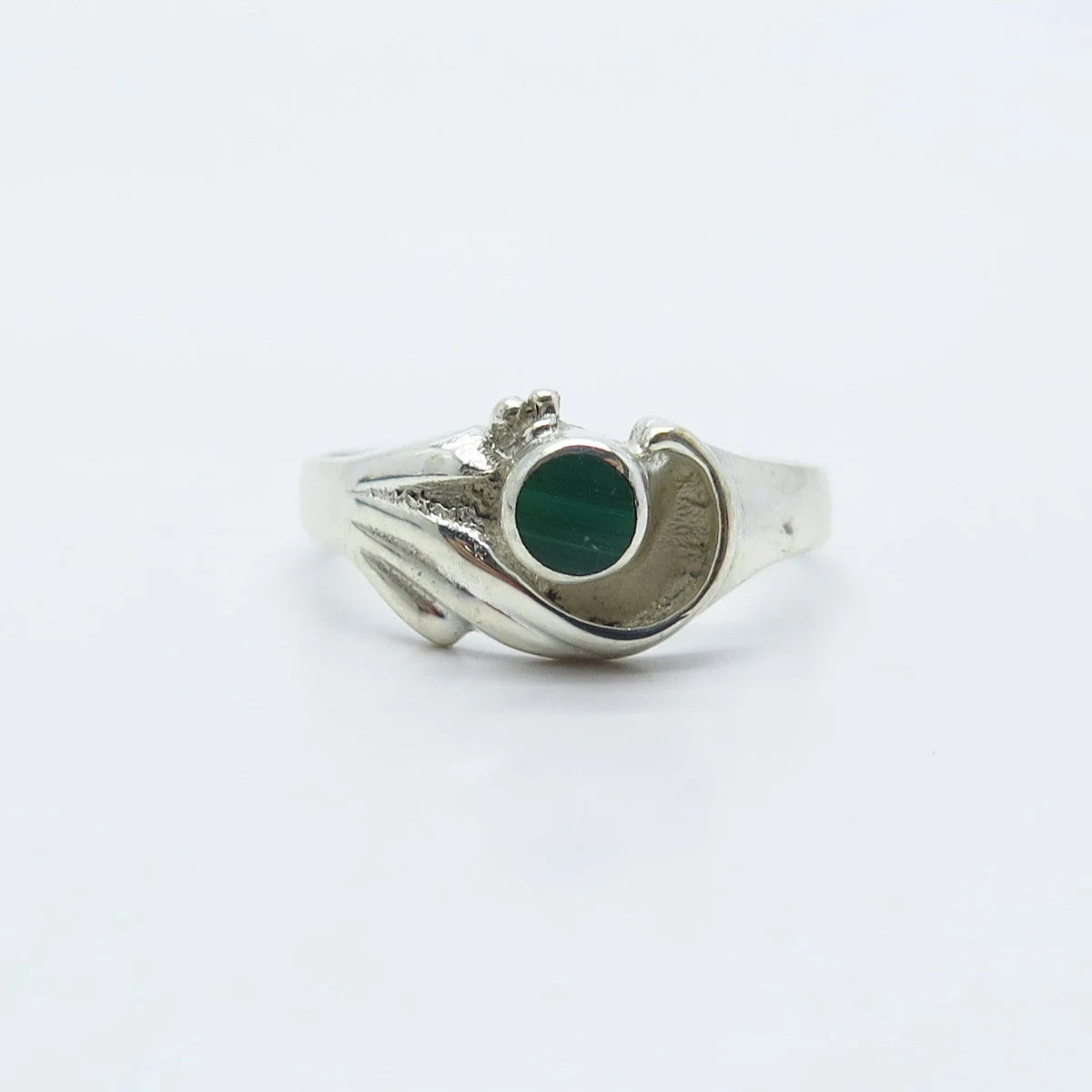 925 Sterling Silver Vintage Real Malachite Gemstone Modernist Ring Size 6.25