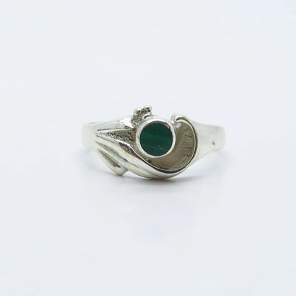 925 Sterling Silver Vintage Real Malachite Gemstone Modernist Ring Size 6.25