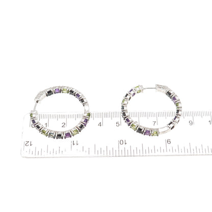 925 Sterling Silver Real Topaz Amethyst Peridot Spinel In & Out Hoop Earrings