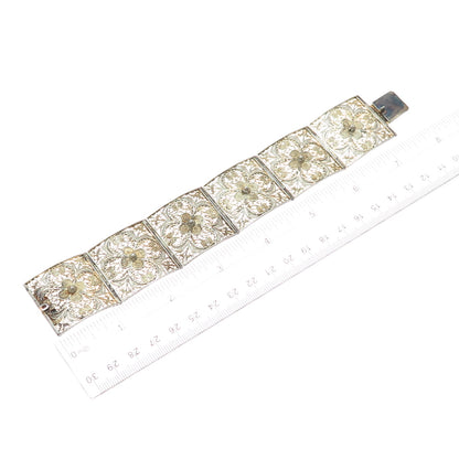 800 Silver Gold Plated Antique Italy Flower Filigree Panel Link Bracelet 7.25"