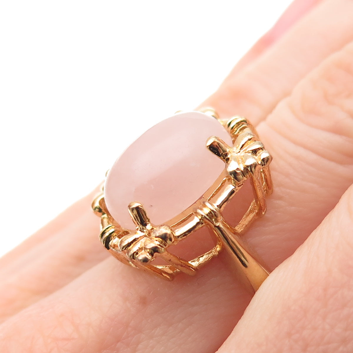 BADAVICI 925 Sterling Silver Gold Plated Real Rose Quartz Floral Ring Size 8