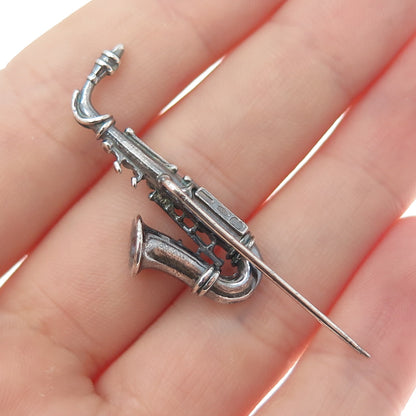 UNOAERRE 925 Sterling Silver Vintage Italy Saxophone Oxidized Lapel Pin
