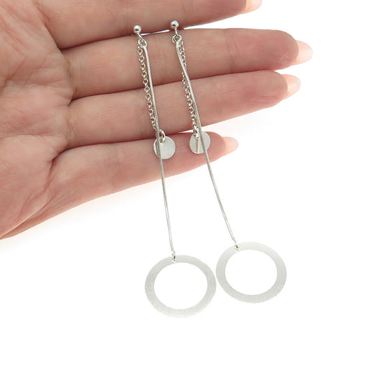 925 Sterling Silver Vintage Circle Snake & Rolo Chain Dangling Earrings