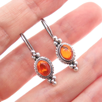 925 Sterling Silver Vintage Real Amber Oxidized Beaded Drop Earrings