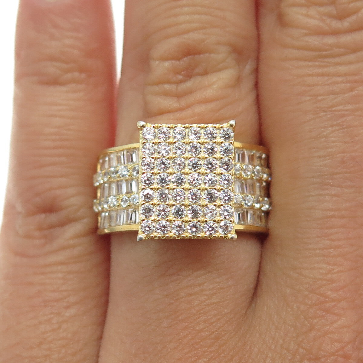 925 Sterling Silver Gold Plated Baguette & Round-Cut C Z Ring Size 7