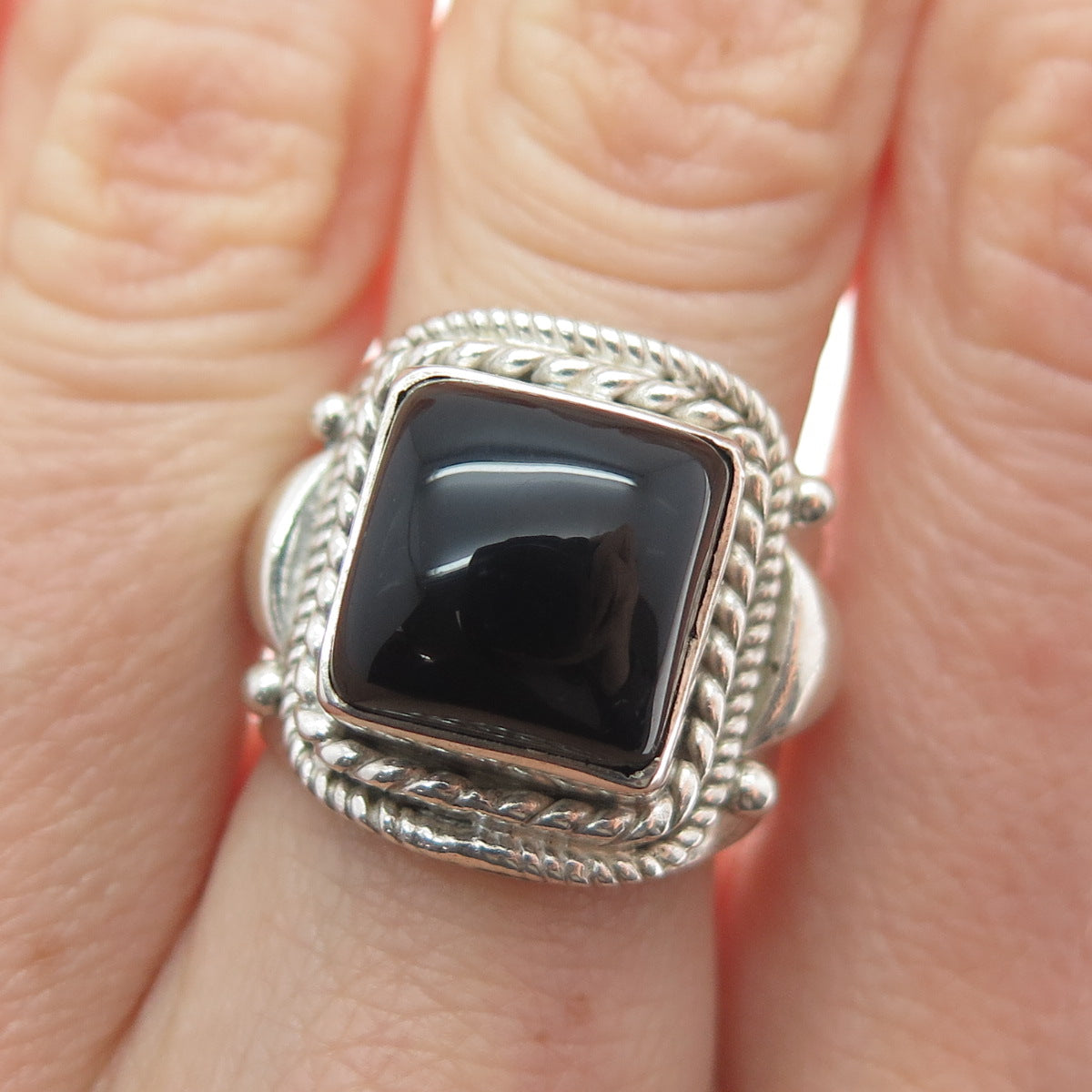 925 Sterling Silver Vintage Real Black Onyx Roped Bezel Oxidized Ring Size 7.25