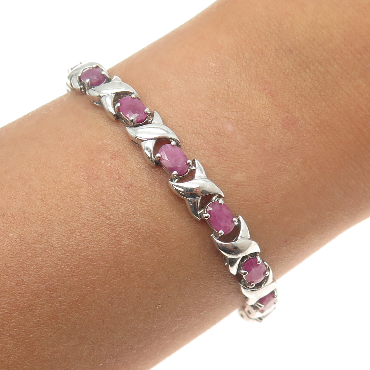 925 Sterling Silver Real Ruby "X" Tennis Link Bracelet 7.5"