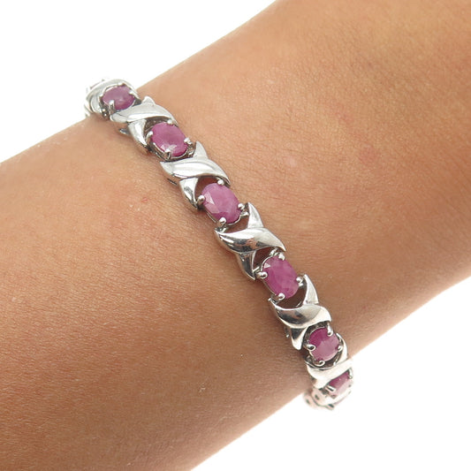 925 Sterling Silver Real Ruby "X" Tennis Link Bracelet 7.5"