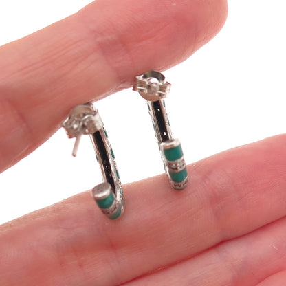925 Sterling Silver Enamel & C Z Bamboo Hoop Earrings