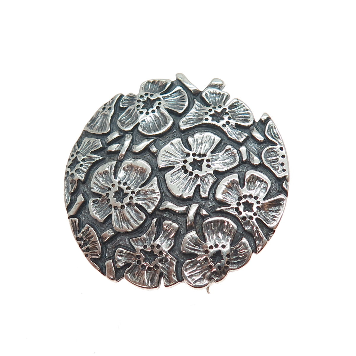 925 Sterling Silver Vintage 1992 Modernist Flower Oxidized Pin Brooch