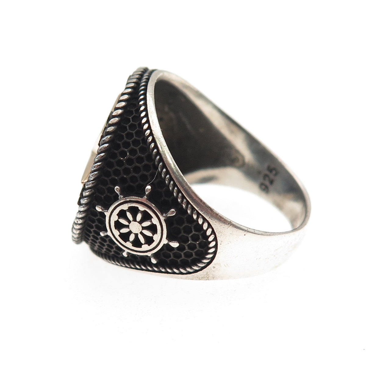 Petek 925 Sterling Silver 2-Tone Vintage Compass Oxidized Signet Ring Size 10