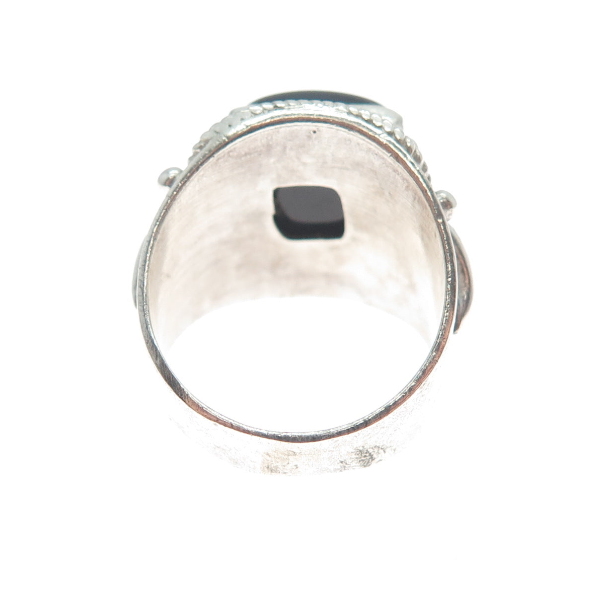 925 Sterling Silver Vintage Real Black Onyx Roped Bezel Oxidized Ring Size 7.25