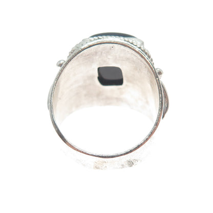 925 Sterling Silver Vintage Real Black Onyx Roped Bezel Oxidized Ring Size 7.25
