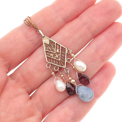 925 Sterling Silver Gold Plated Vintage Real Sapphire Pearl & Red Garnet Pendant
