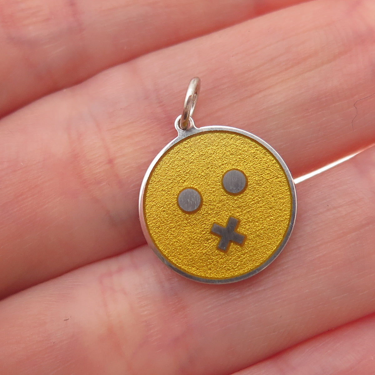 925 Sterling Silver Yellow Enamel Cross Mouth Face Emoji Charm Pendant