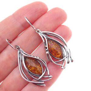 Hagit Gorali Sterling Silver Vintage Israel Real Amber Modernist Dangle Earrings
