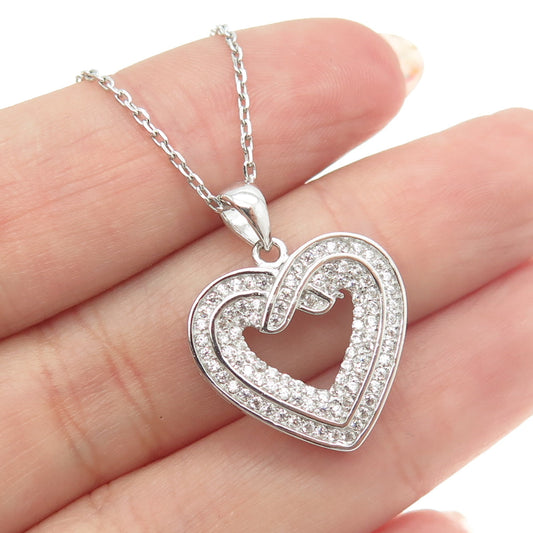 925 Sterling Silver Italy Round-Cut C Z Heart Cable Chain Necklace 16"