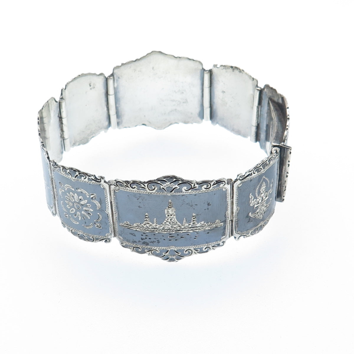 THAI NAKON 925 Sterling Silver Antique Siam Niello Hindu Oxidized Bracelet 7"