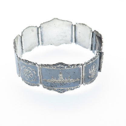 THAI NAKON 925 Sterling Silver Antique Siam Niello Hindu Oxidized Bracelet 7"