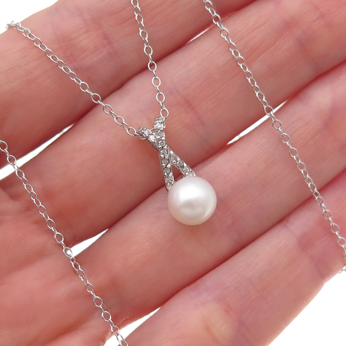 925 Sterling Silver Real Round-Cut Diamond & Pearl Cable Chain Necklace 18"
