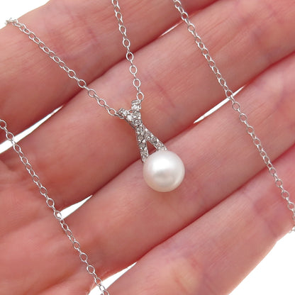 925 Sterling Silver Real Round-Cut Diamond & Pearl Cable Chain Necklace 18"