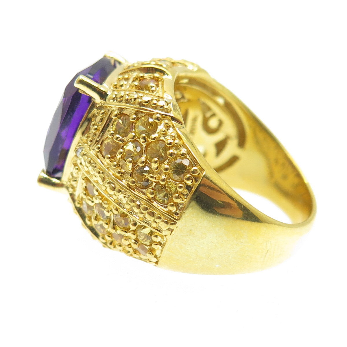 925 Sterling Silver Gold Plated Real Diamond Amethyst & Citrine Gem Ring Size 6