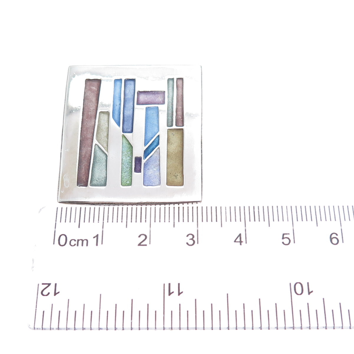 CARLY WRIGHT 925 Sterling Silver Vintage Enamel Modenrist Mosaic Pin Brooch