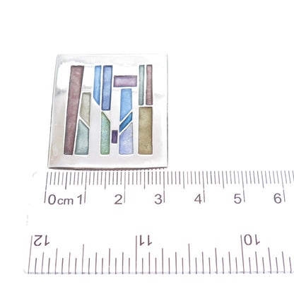 CARLY WRIGHT 925 Sterling Silver Vintage Enamel Modenrist Mosaic Pin Brooch