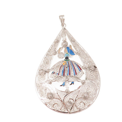 Van Lou 925 Sterling Silver Vintage Enamel Dancer Filigree Teardrop Pendant