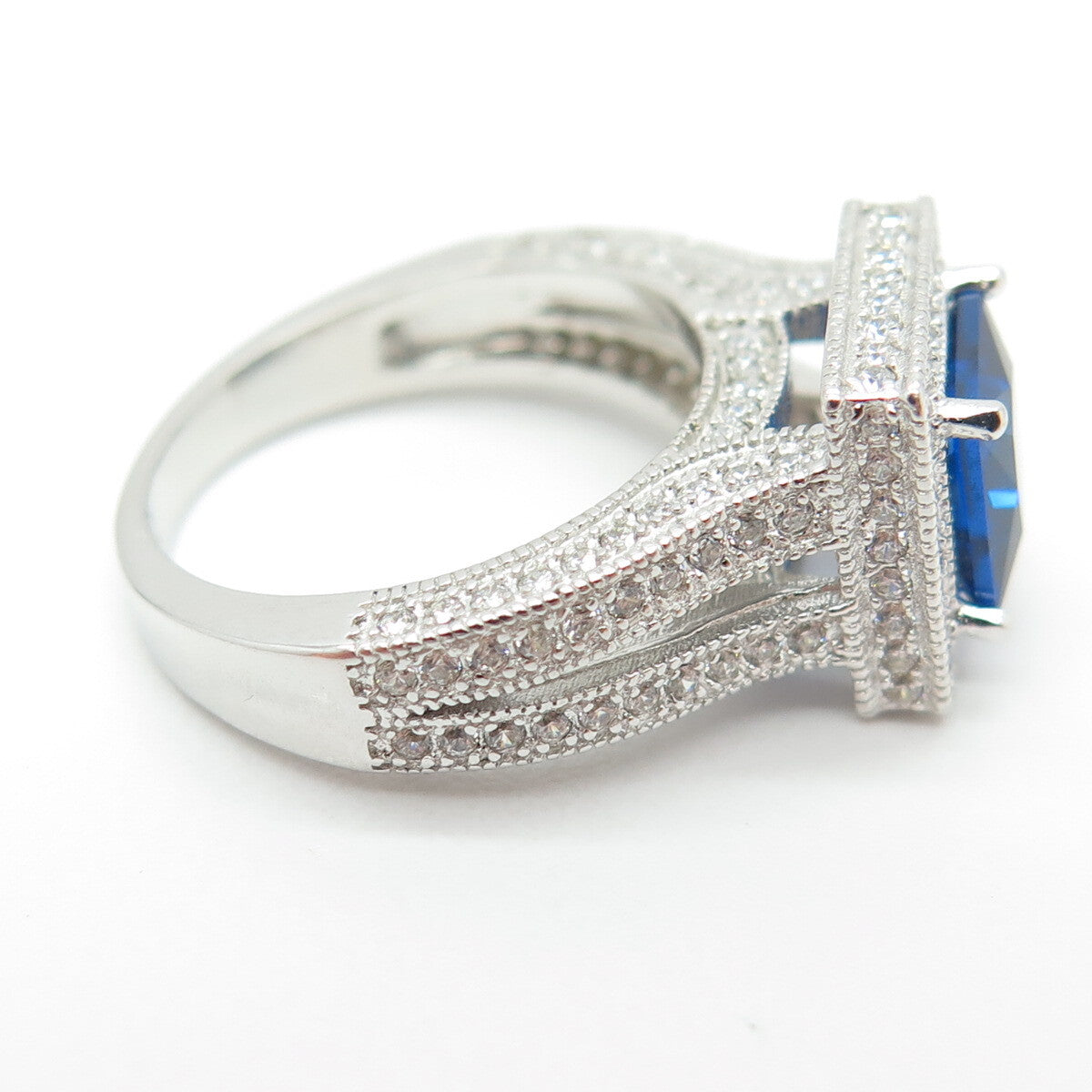 925 Sterling Silver Lab-Created Blue Sapphire & C Z Ring Size 5.25
