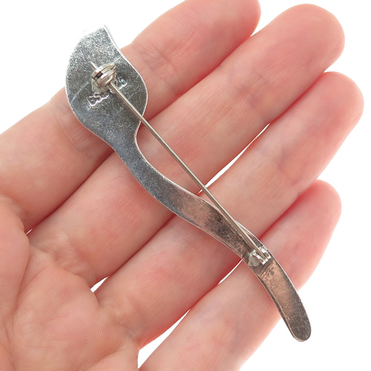 GSJ GOLD STONE 925 Sterling Silver Vintage Lily Flower Modernist Pin Brooch
