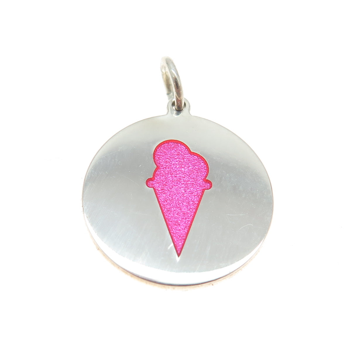 925 Sterling Silver Pink Enamel Ice Cream Round Tag Charm Pendant