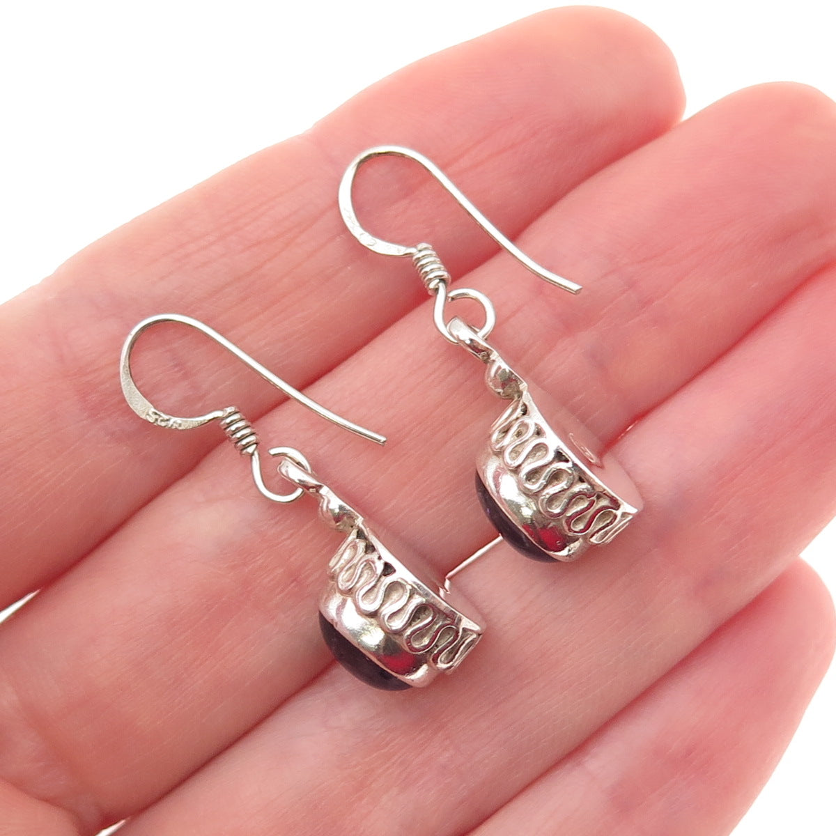 925 Sterling Silver Vintage Real Amethyst Wavy Oxidized Dangle Earrings