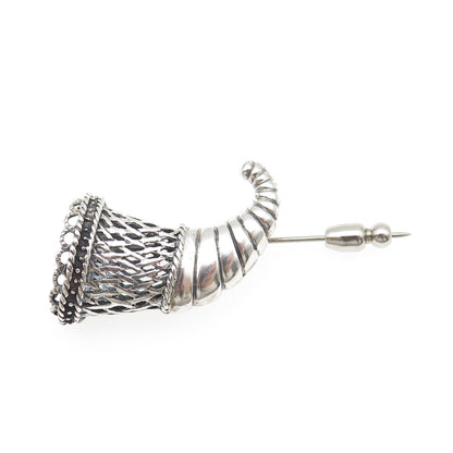925 Sterling Silver Vintage Horn of Plenty Oxidized Lapel Pin
