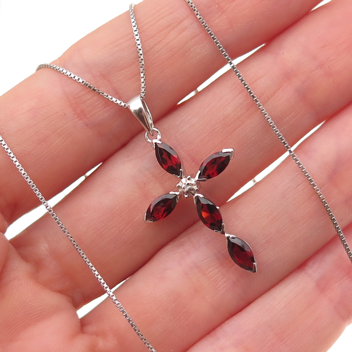 925 Sterling Silver Real Diamond Accent Red Garnet Cross Box Chain Necklace 18"