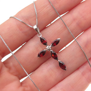 925 Sterling Silver Real Diamond Accent Red Garnet Cross Box Chain Necklace 18"