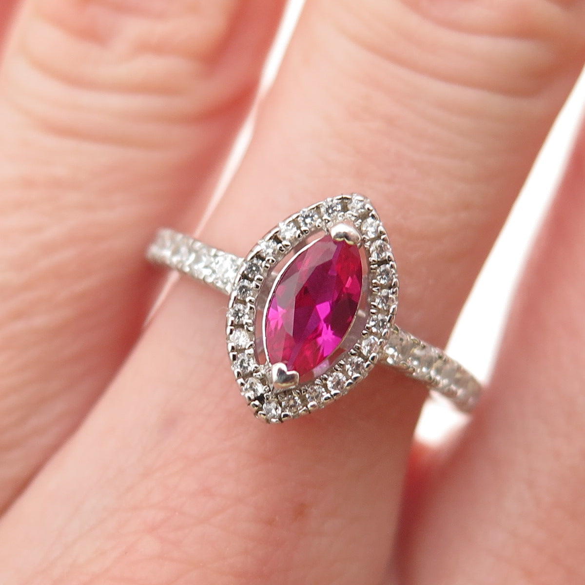925 Sterling Silver Vintage Marquise-Cut Lab-Created Ruby & C Z Ring Size 7