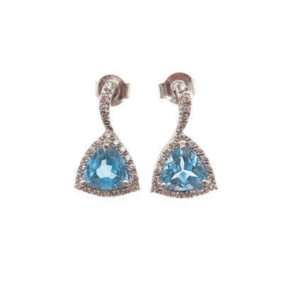 925 Sterling Silver Real Triangle-Cut Blue Topaz & Round-Cut C Z Earrings
