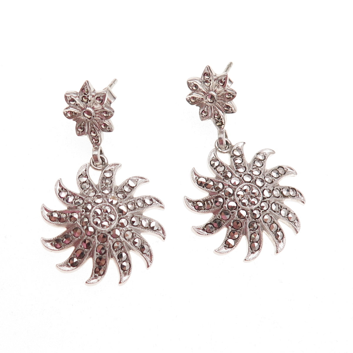 925 Sterling Silver Antique Art Deco Real Marcasite Floral Dangle Earrings