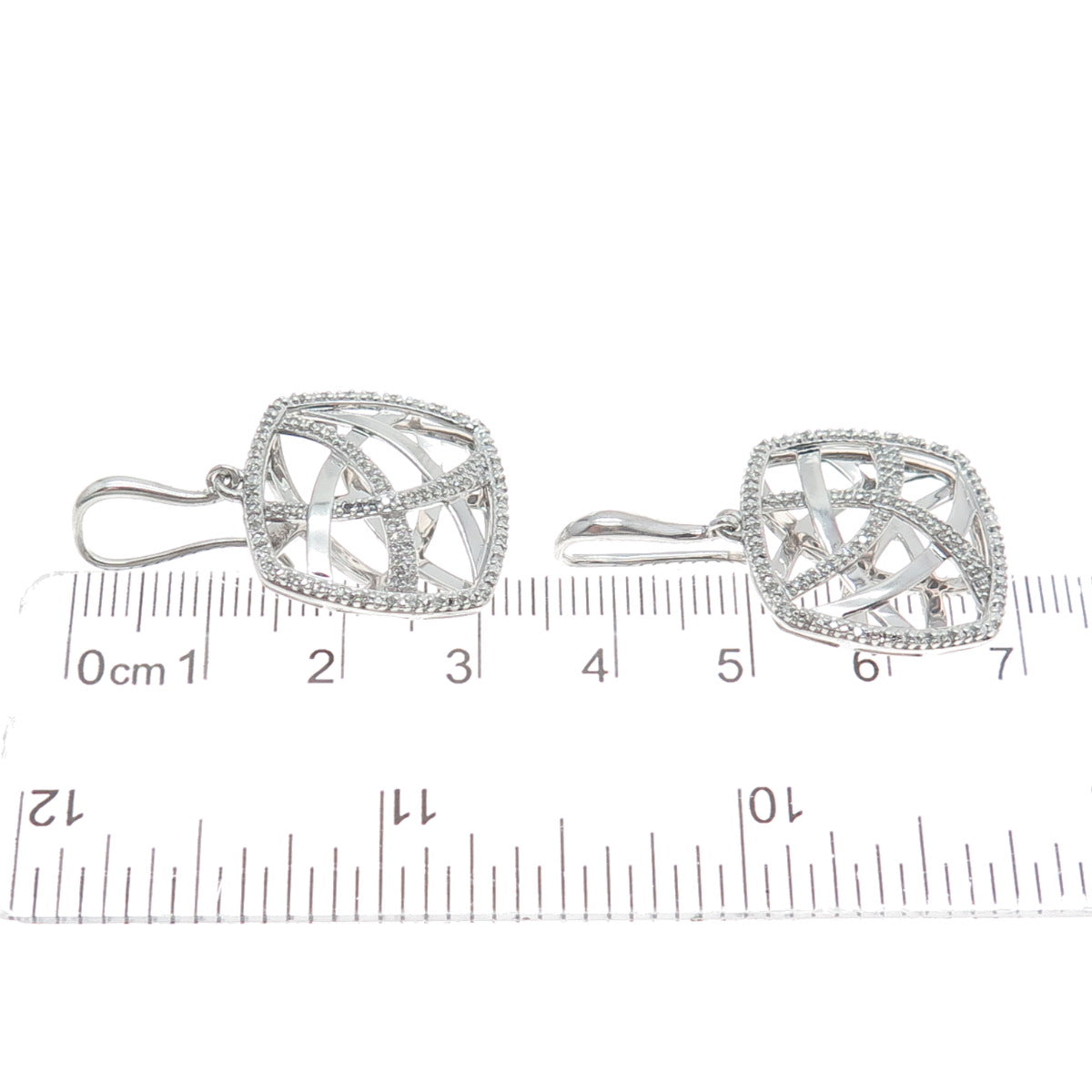 925 Sterling Silver Real Round-Cut Diamond Modernist Ornate Dangle Earrings