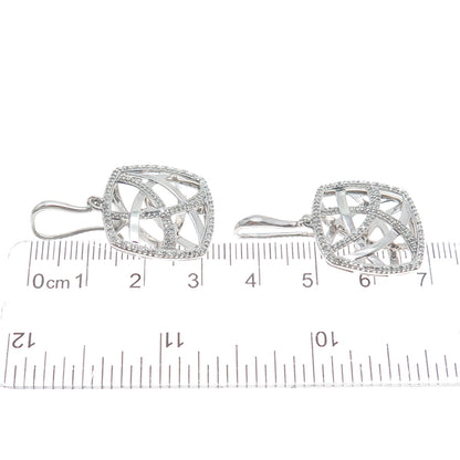 925 Sterling Silver Real Round-Cut Diamond Modernist Ornate Dangle Earrings