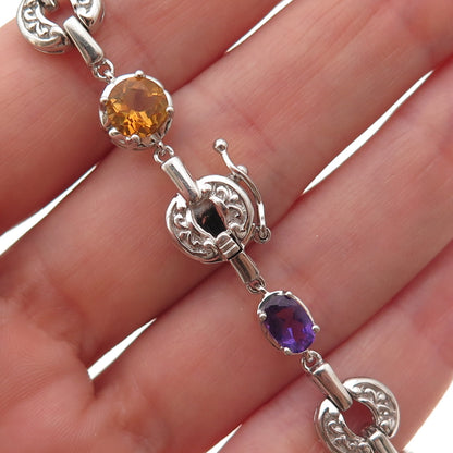 925 Sterling Silver Real Blue Topaz Amethyst Peridot & Citrine Bracelet 8"