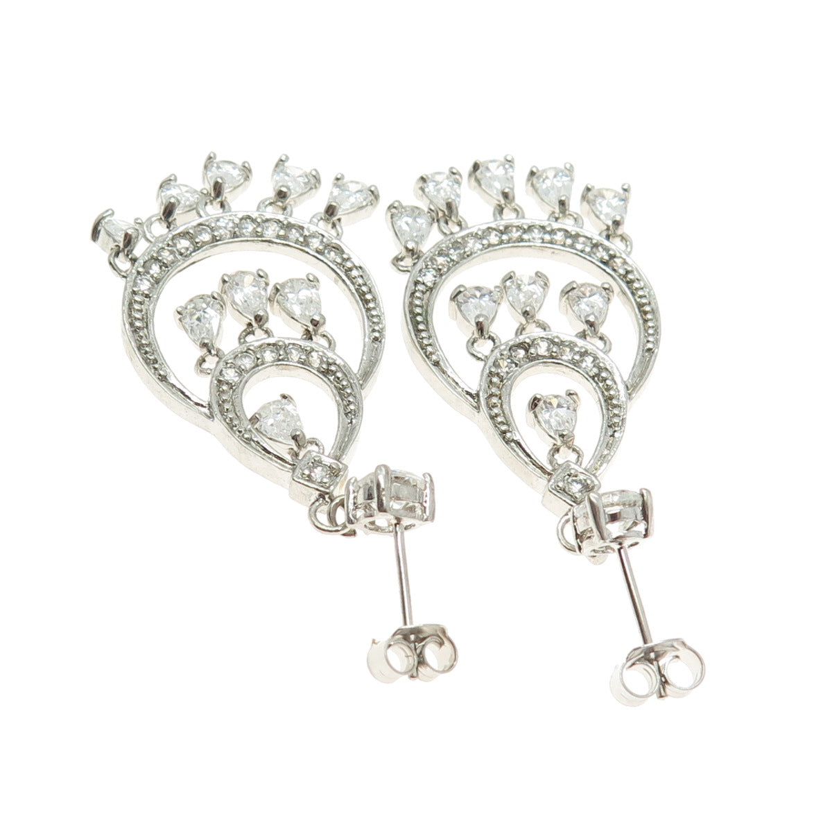 925 Sterling Silver Round-Cut & Pear-Cut Shaped C Z Chandelier Earrings