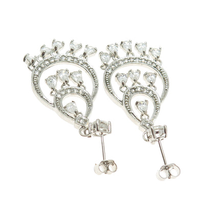 925 Sterling Silver Round-Cut & Pear-Cut Shaped C Z Chandelier Earrings