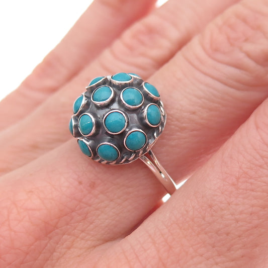 925 Sterling Silver Vintage Mexico Real Turquoise Beaded Dome Ring Size 7.25