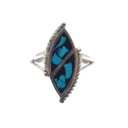 925 Sterling Silver Vintage Southwestern Turquoise Inlay Oxidized Ring Size 7.5