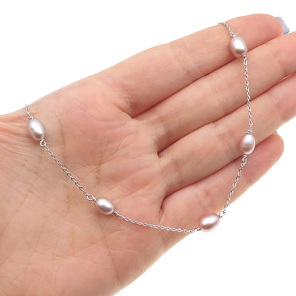 925 Sterling Silver Vintage Italy Real Pearl By The Yard Chain Necklace 16"