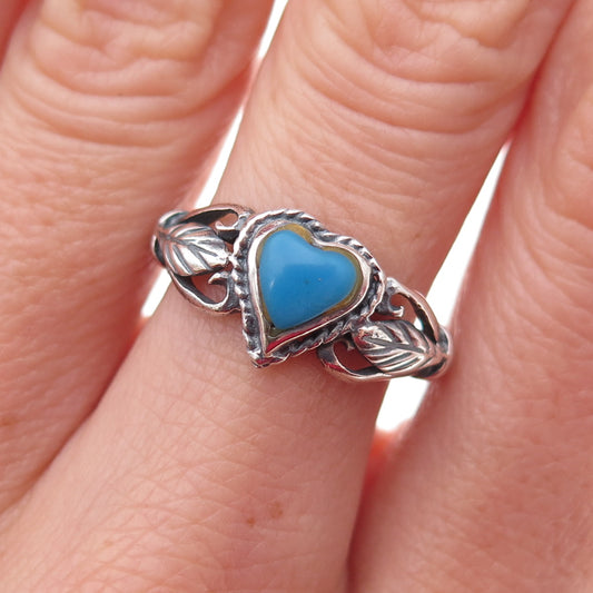 925 Sterling Silver Vintage Real Turquoise Heart Floral Ring Size 7.75