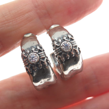 925 Sterling Silver Vintage Israel C Z Modernist Oxidized Hoop Earrings
