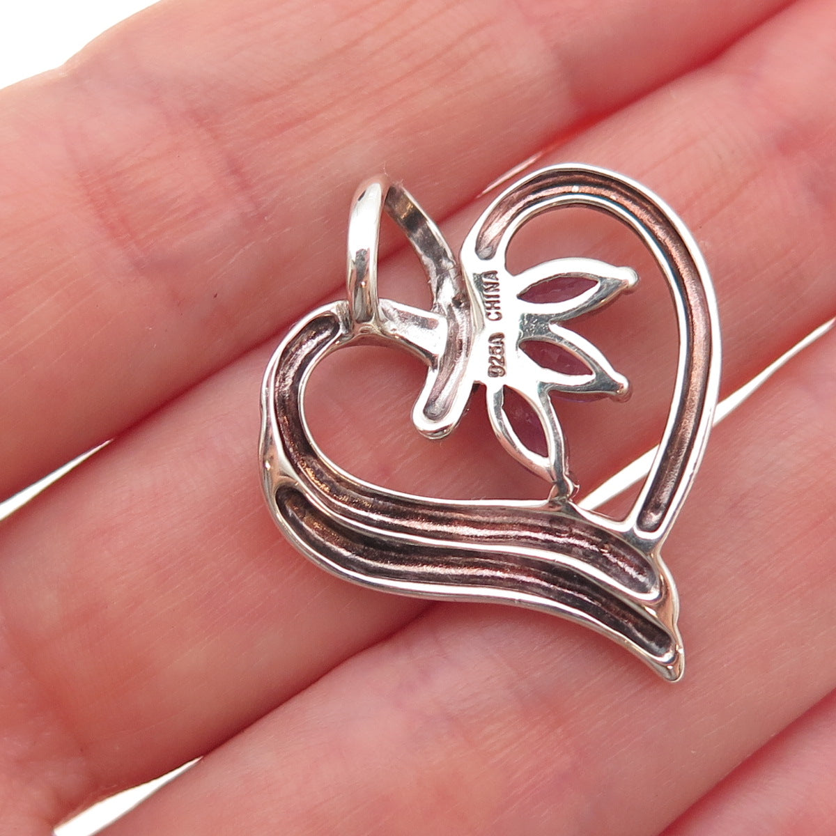 925 Sterling Silver Vintage Real Marquise-Cut Amethyst Heart Charm Pendant